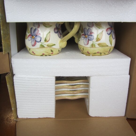 FLORAL MUGS & PLATE SET, CERAMIC HAND PAINTED DESSERT SET OF 4 - Picture 1 of 5